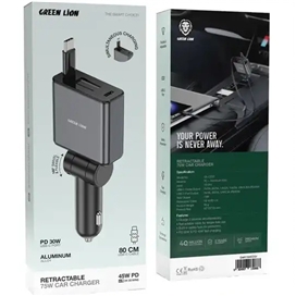 شارژر فندکی 75 وات با کابل جمع شونده گرین لاین Green Lion Retractable Car Charger GNRT75WCCGY