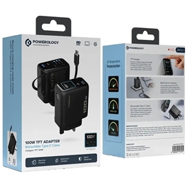 آداپتور پاورولوژی Powerology 100W Al TFT Adapter Retractable Type-C Cable