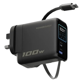 آداپتور پاورولوژی Powerology 100W Al TFT Adapter Retractable Type-C Cable