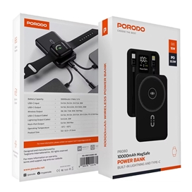 پاوربانک مگسیف 10000mAh پرودوPorodo مدل PD-PBFCH080-BK با گارانتی مناسب گوشی و اپل واچ