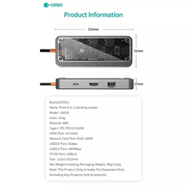 هاب تایپ سی 8 پورت شفاف کوتتسی Coteetci 8 IN 1 MULTIFUNCTIONAL DOCKING STATION 16016