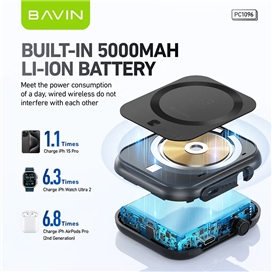 پاوربانک وایرلس 5000 مگنتی باوین Bavin PC1096 3 in 1 توان 20 وات