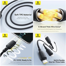 کابل سه سر 100 وات فست شارژ بیسوس Baseus Silky One-for-Three CB000166