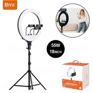 رینگ لایت بیوا Biva RL-02 55W LED Soft Ring Light سایز 18 اینچ با سه پایه و 3 هولدر
