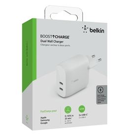 شارژر دیواری شارژ سریع دو پورت USB-C 40 وات بلکین مدل WCB006vfWH