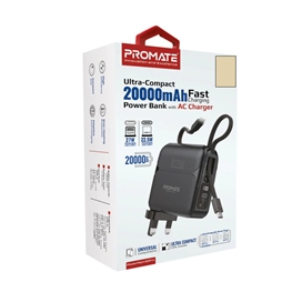 شارژر همراه (پاوربانک) فشرده پرومیت مدل POWERPACK-20PRO ظرفیت 20000 میلی آمپر ساعت به همراه شارژر