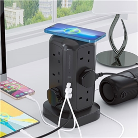 چند راهی برق و شارژر پاورولوژی Powerology 12 Socket Multi-Port Tower Hub PWCUQC013 دارای 4 پورت