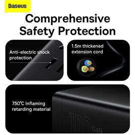 شارژر و چندراهی برق سوپر فست شارژ 100 وات با کابل تایپ‌سی 100 وات یک متری بیسوس Baseus GaN3 Pro Desktop 2AC+2U+2C PSZM000301