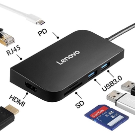 هاب 7 پورت Type C لنوو Lenovo S707 7 in 1 Type C HUB Adapter HDMI PD3.0 SD/TF Reader