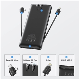 پاور بانک 10000mAh برند وروک مدل VRURC W1146 Portable Charger with Built-In Cables and AC Wall Plug