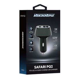 شارژر فندکی سه پورت پاور دلیوری برند راک رز مدل RockRose Safari PQ2 Triple Port 42W PD & QC 3.0 Car Charger