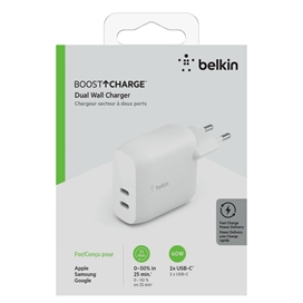 شارژر دیواری شارژ سریع دو پورت USB-C 40 وات بلکین مدل WCB006vfWH