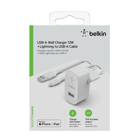شارژر دیواری شارژ سریع 12 وات + کابل لایتنینگ USB-A بلکین مدل WCA002vf1MWH
